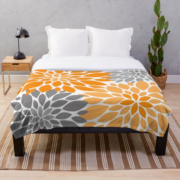 Orange and Gray Dahlia Floral Pattern Throw Blanket