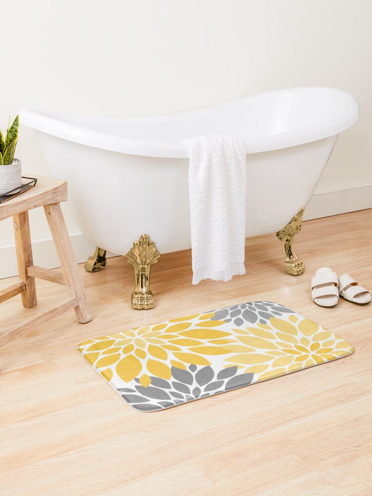 Thumbnail 1 of 6, Bath Mat, Yellow and Gray Dahlia Floral Pattern designed and sold by IoanaHraball.