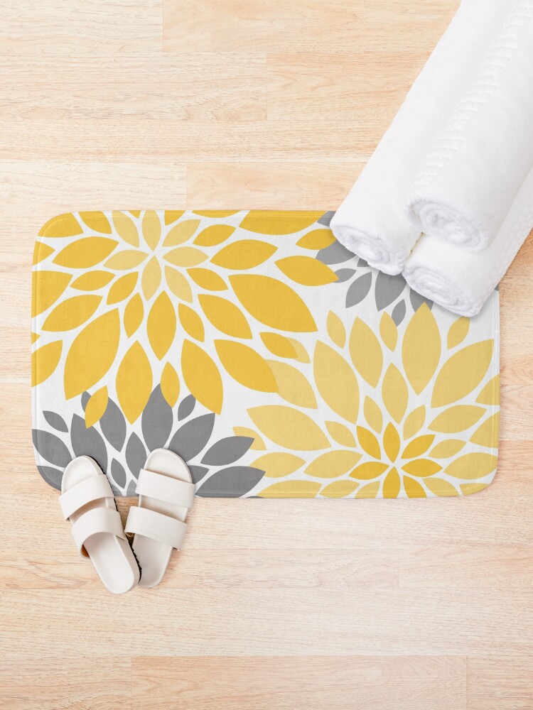Thumbnail 2 of 6, Bath Mat, Yellow and Gray Dahlia Floral Pattern designed and sold by IoanaHraball.
