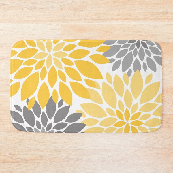 Yellow and Gray Dahlia Floral Pattern Bath Mat