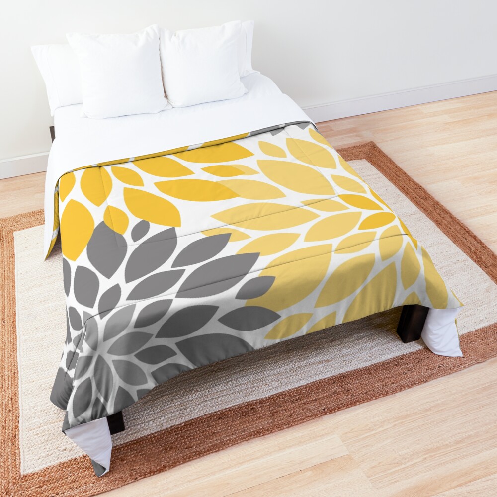 Yellow and Gray Dahlia Floral Pattern Comforter