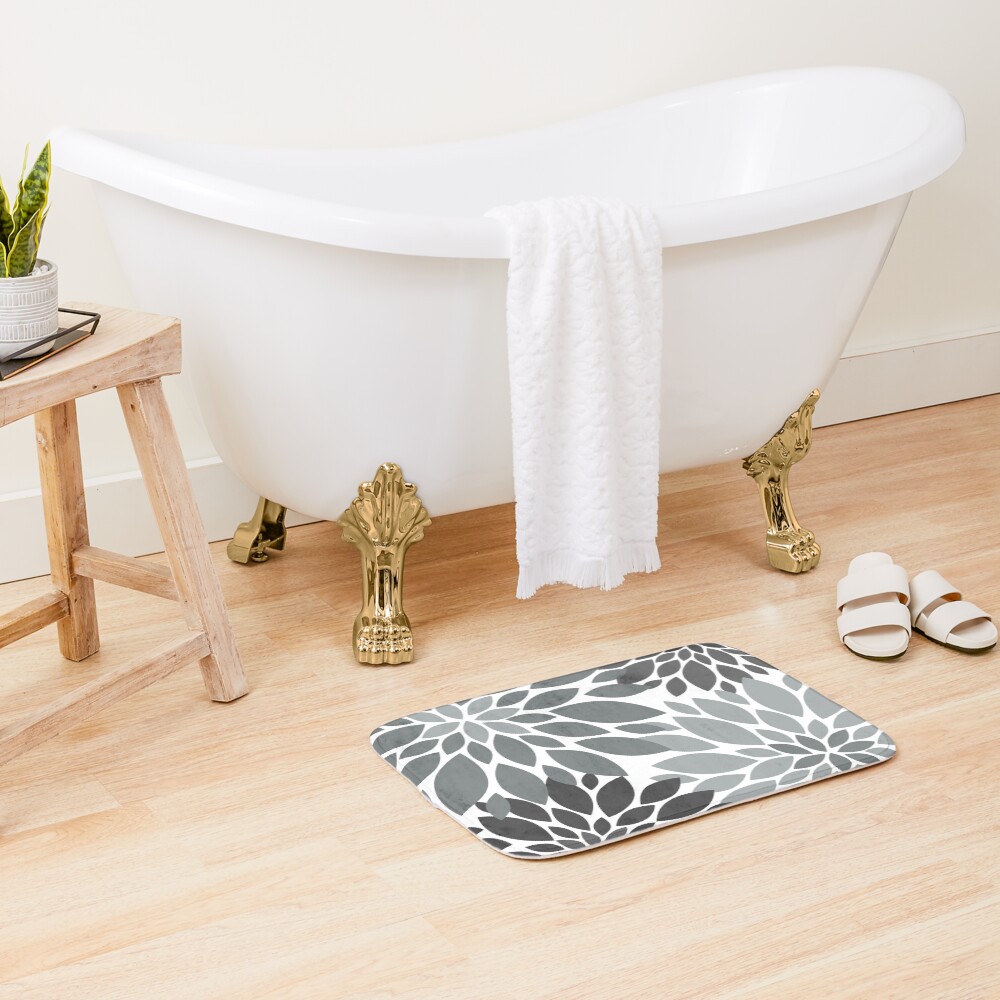 Light and dark Gray Dahlia Floral Pattern Bath Mat