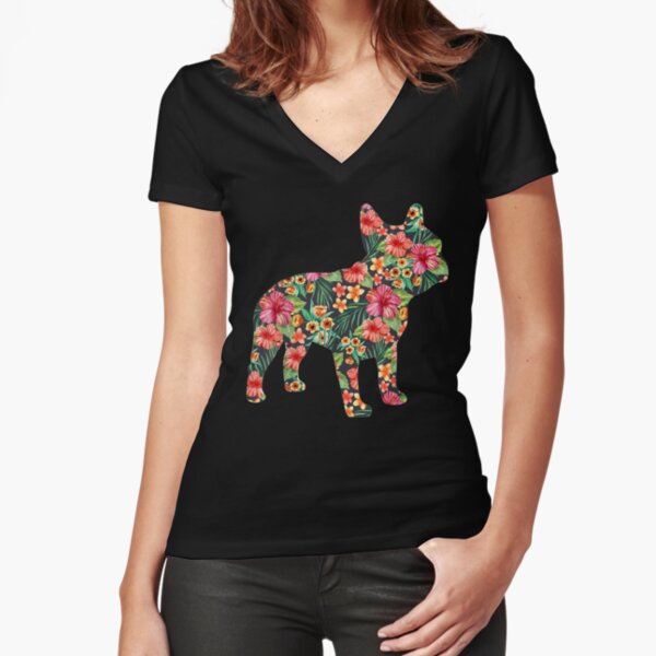 French Bulldog Flower Floral Frenchie Dog Silhouette Fitted V-Neck T-Shirt