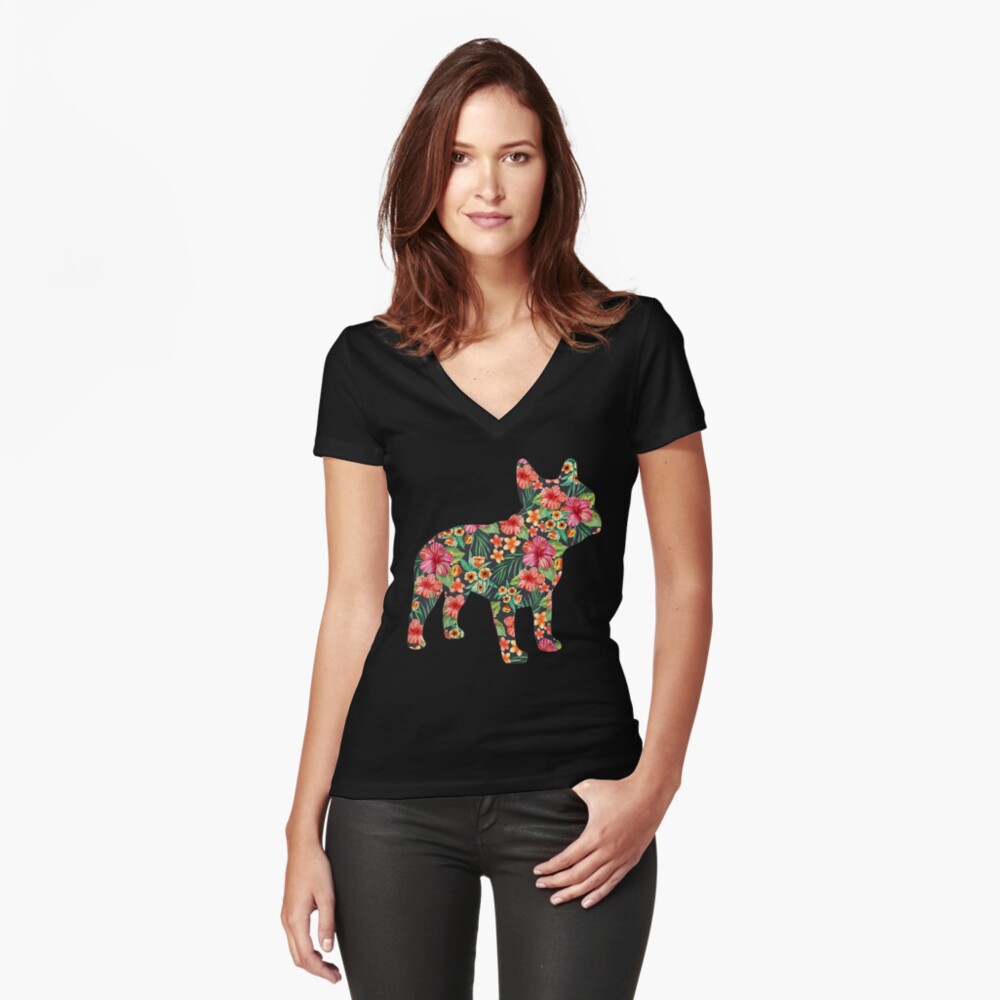 French Bulldog Flower Floral Frenchie Dog Silhouette Fitted V-Neck T-Shirt