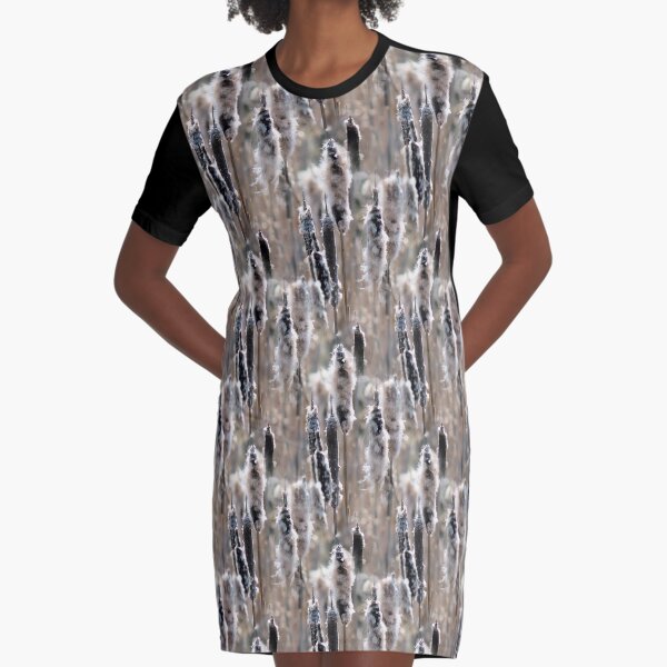 Faded Cattails Nature Pattern Graphic T-Shirt Dress