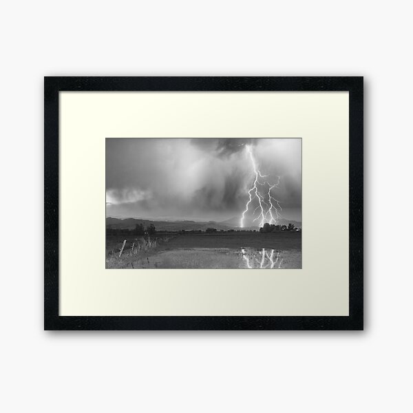 Lightning Striking Longs Peak Foothills 6BW Framed Art Print