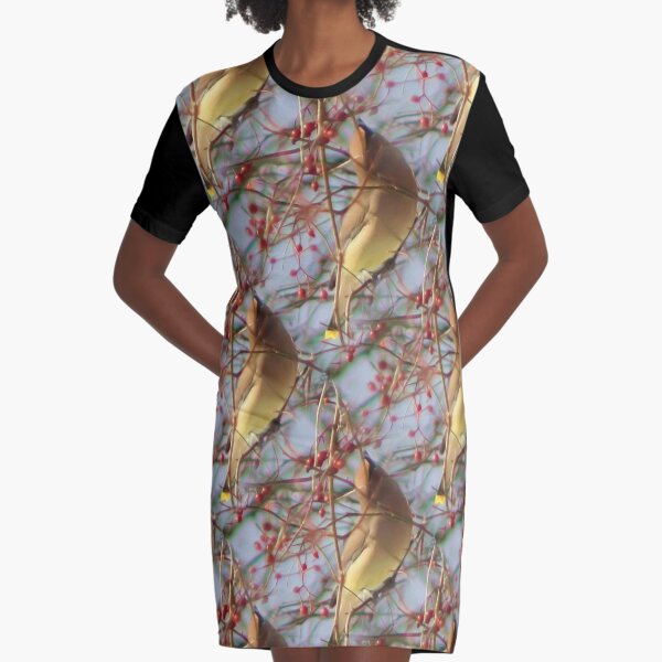 Cedar Waxwing Bird And Berries Graphic T-Shirt Dress