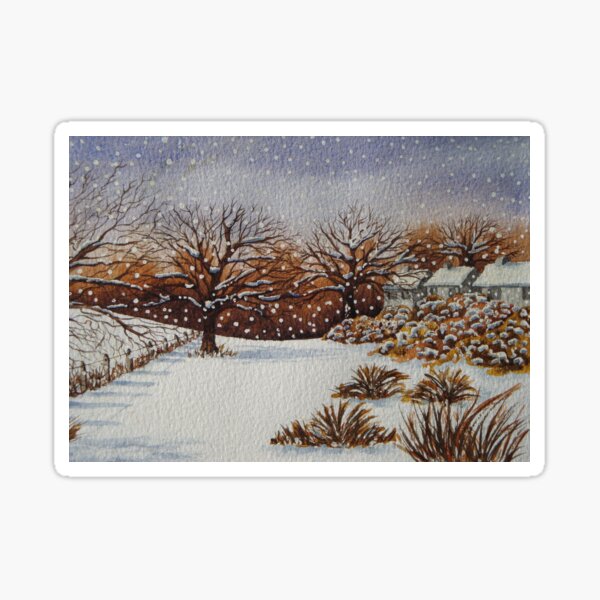 painting of snow scene with snow covered trees and cottages Sticker