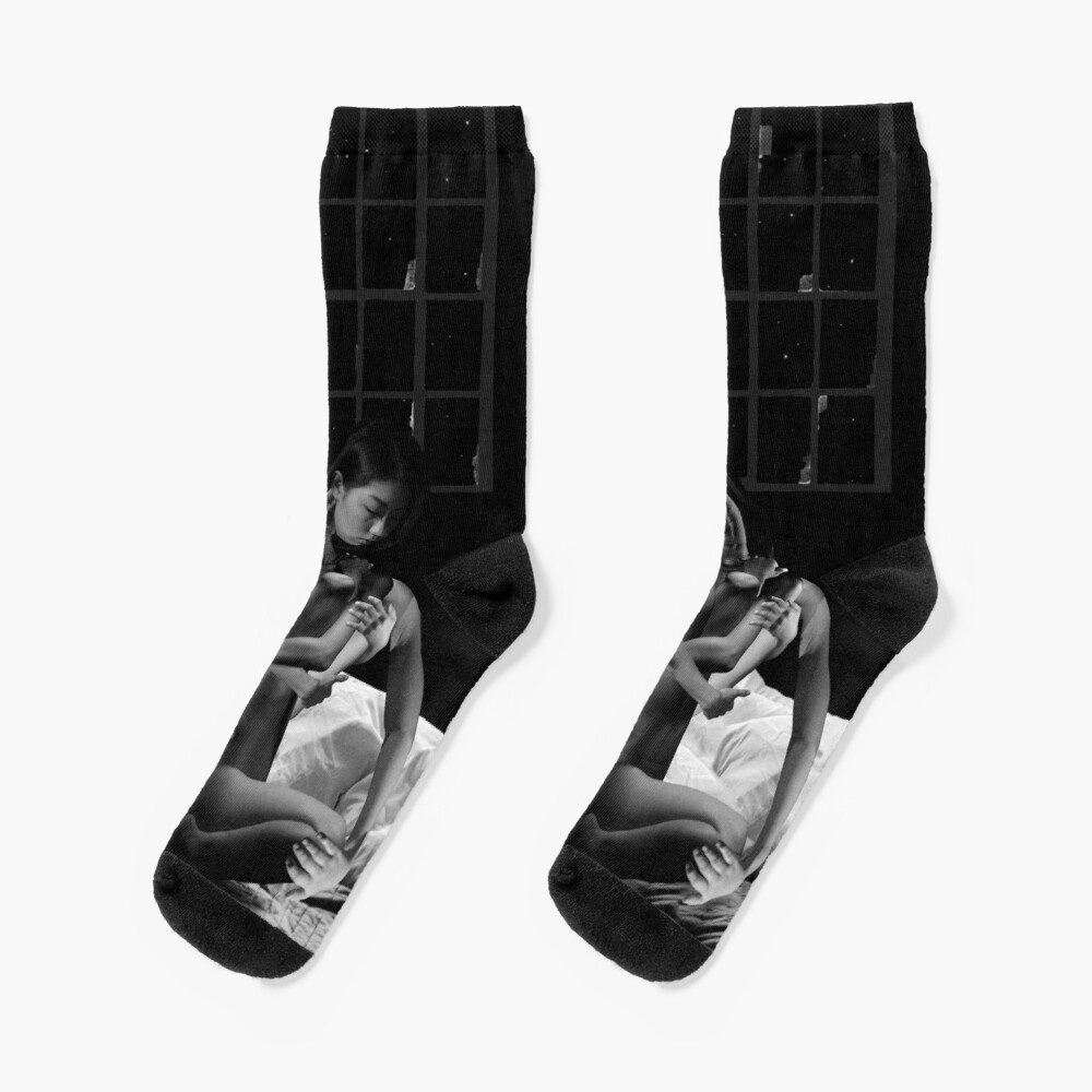 Acceptance Hug - metamorphosis, black and white, collage art Socks