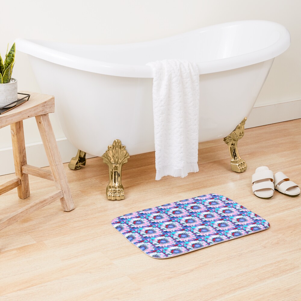 Iced Sunflower - Pink Purple White Blue Flower - Floral Design Bath Mat