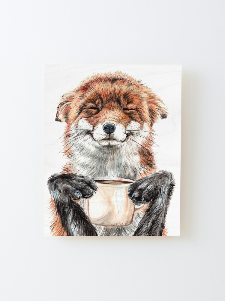 Alternate view of Morning Fox - cute coffee animal Mounted Print