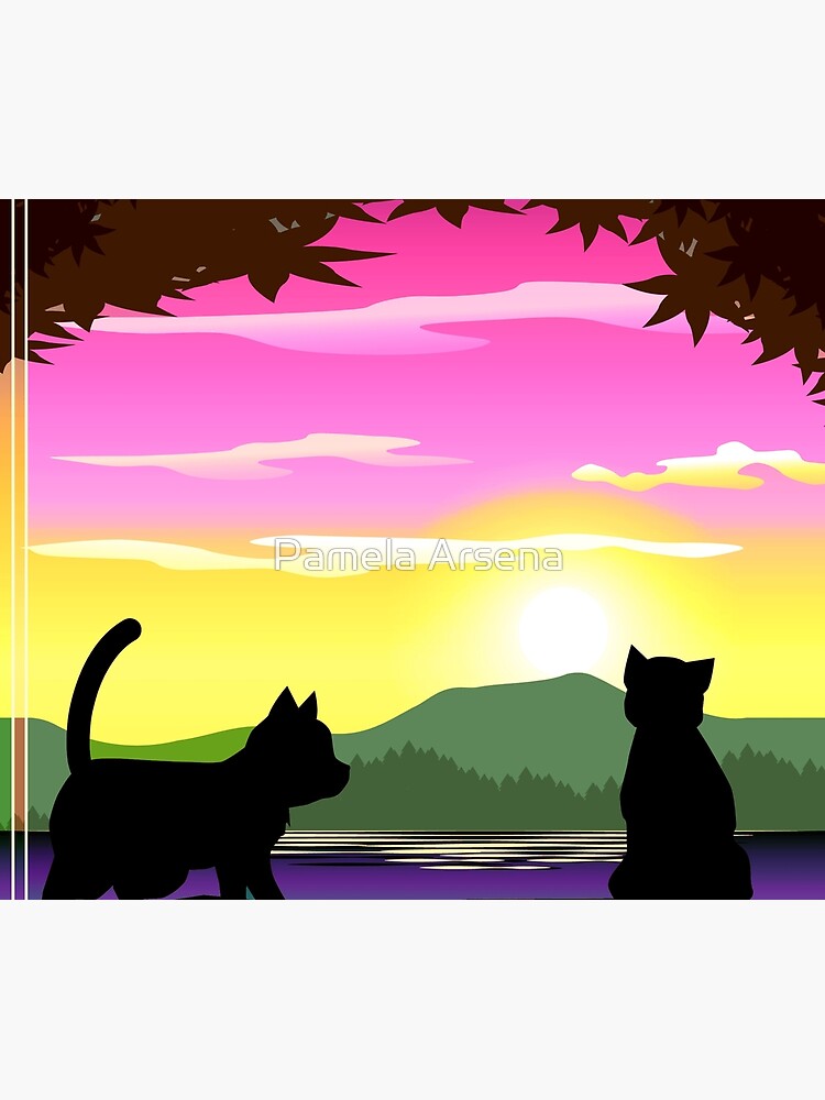 Frisky Fun and Playful Cats and Sunset Colorful Print by xpressio