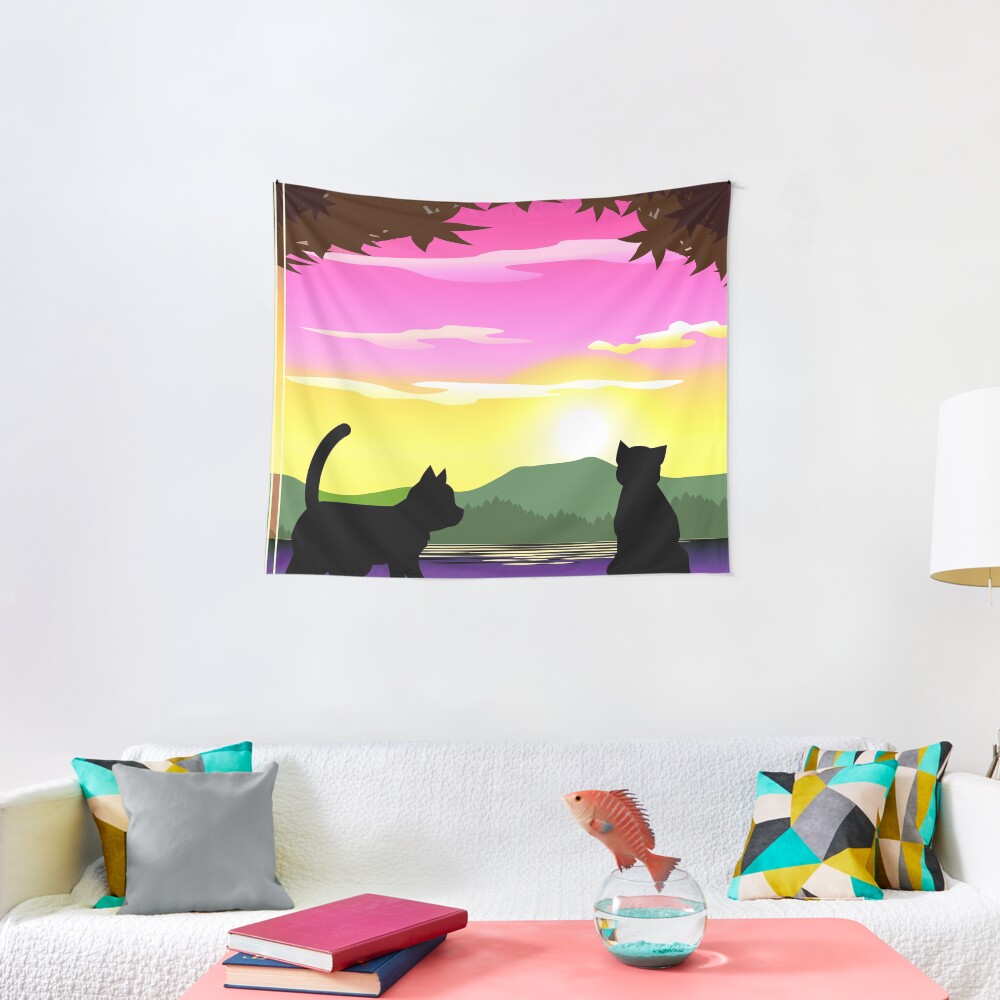 Frisky Fun and Playful Cats and Sunset Colorful Print Tapestry