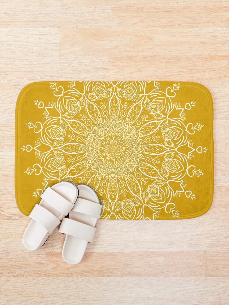 Yellow Black Gray Flower Burst Floral Pattern Bath Mat by Honey