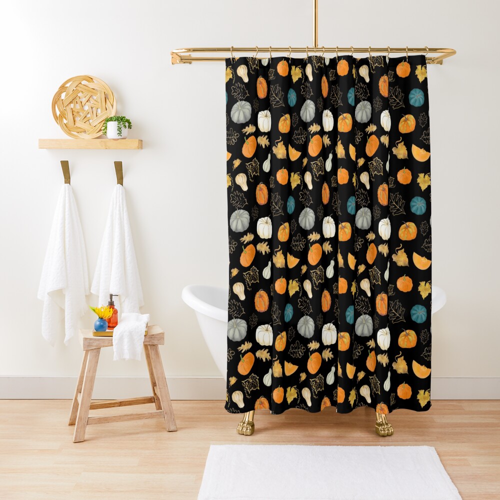 Halloween Pumpkins and Gold Leaf Pattern Shower Curtain