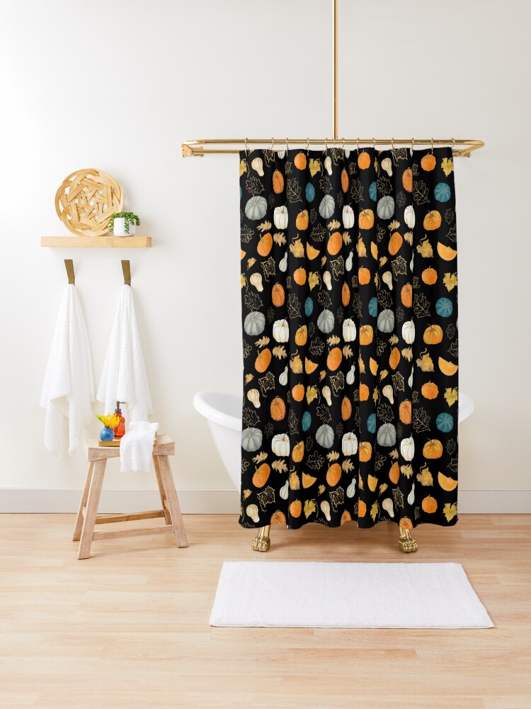 Thumbnail 1 of 5, Shower Curtain, Halloween Pumpkins and Gold Leaf Pattern designed and sold by andreeadumez.