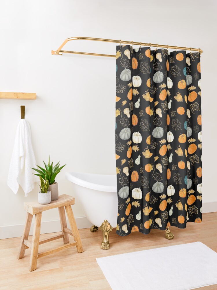 Thumbnail 3 of 5, Shower Curtain, Halloween Pumpkins and Gold Leaf Pattern designed and sold by andreeadumez.