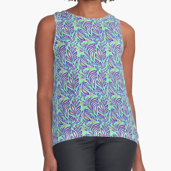 Mint Color Leaves  Sleeveless Top