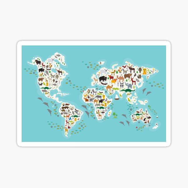 Cartoon animal world map for children and kids, Animals from all over the world, white continents and islands on blue background of ocean and sea Sticker