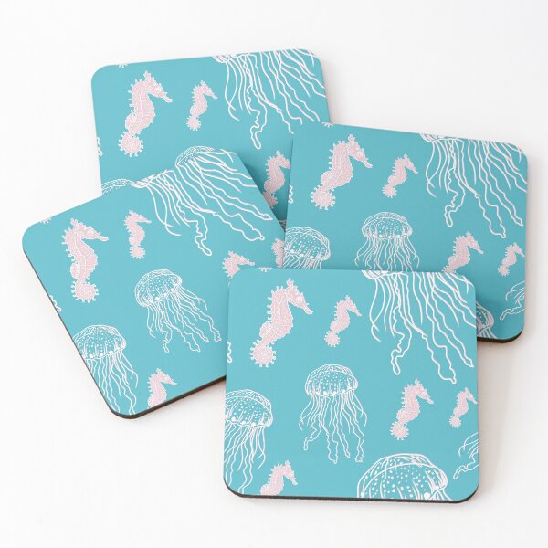 Item preview, Pink seahorses and jelly, on a turquoise teal background. Hand drawn. A gentle and pretty pattern. designed and sold by Zoe Jane Designs.