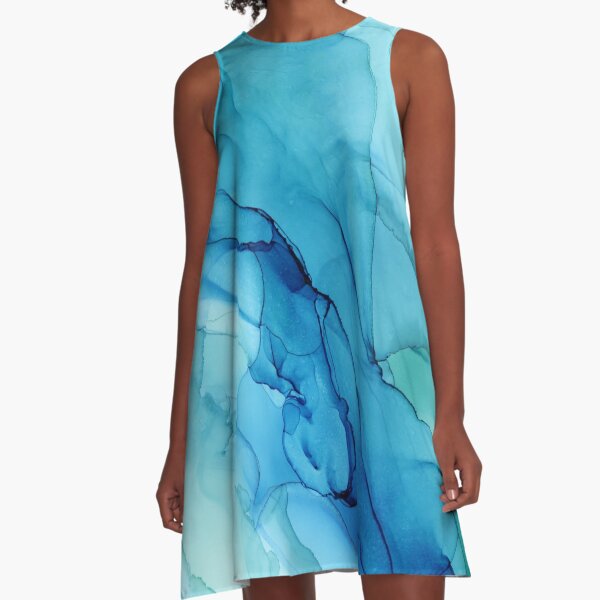 Blue Emerald Water Ombre Abstract Ink A-Line Dress