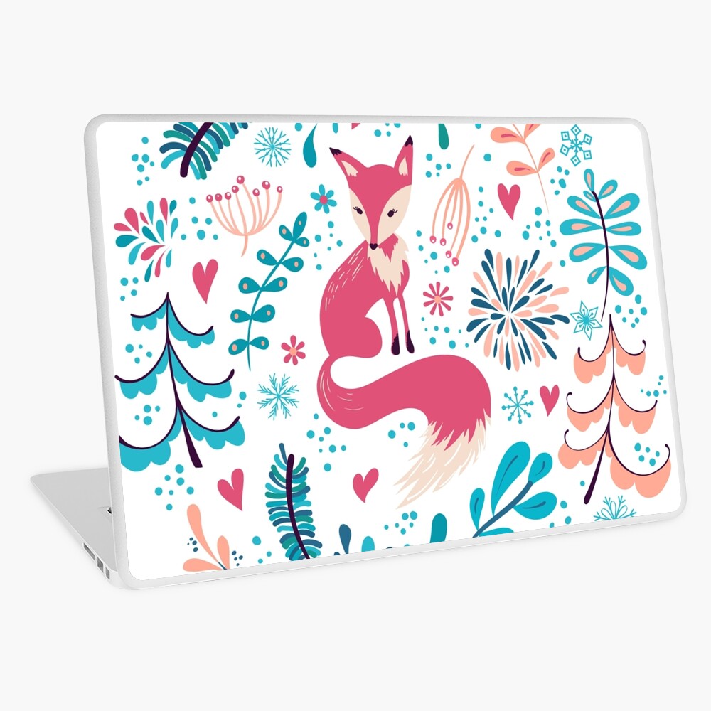 Fox with winter flowers and snowflakes Laptop Skin