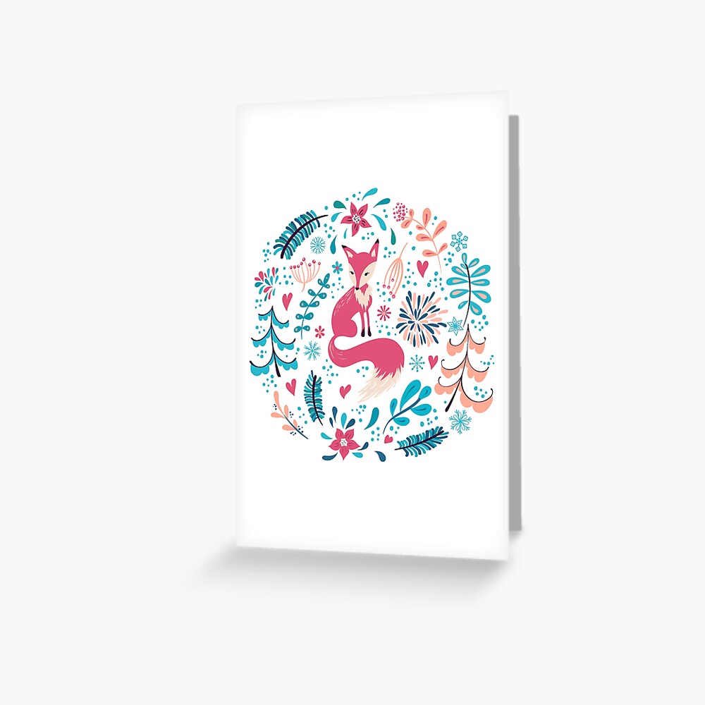 Fox with winter flowers and snowflakes Greeting Card