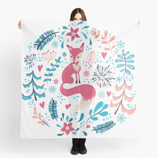 Fox with winter flowers and snowflakes Scarf