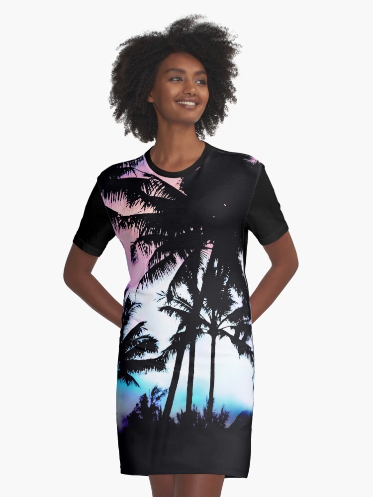 Tropical Summer Palm Trees Pink Blue Sunset Sky Graphic T Shirt Dress