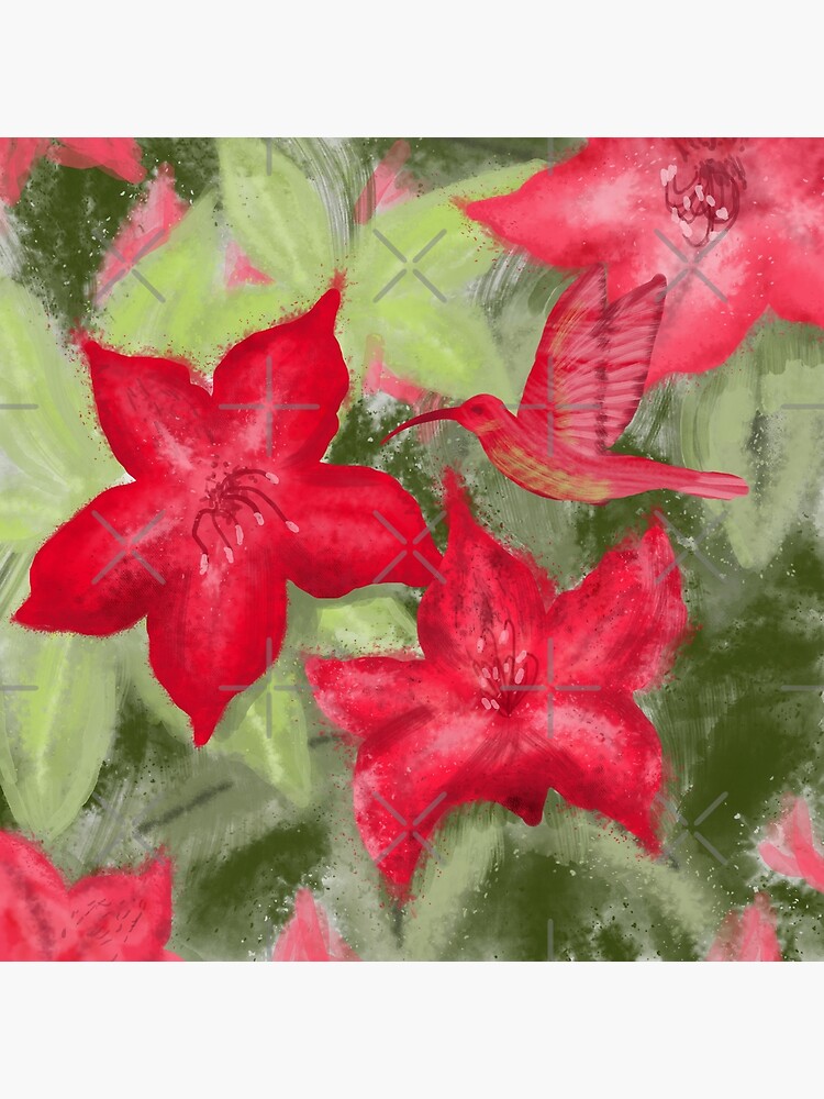Red flowers and hummingbird print by andreeadumez