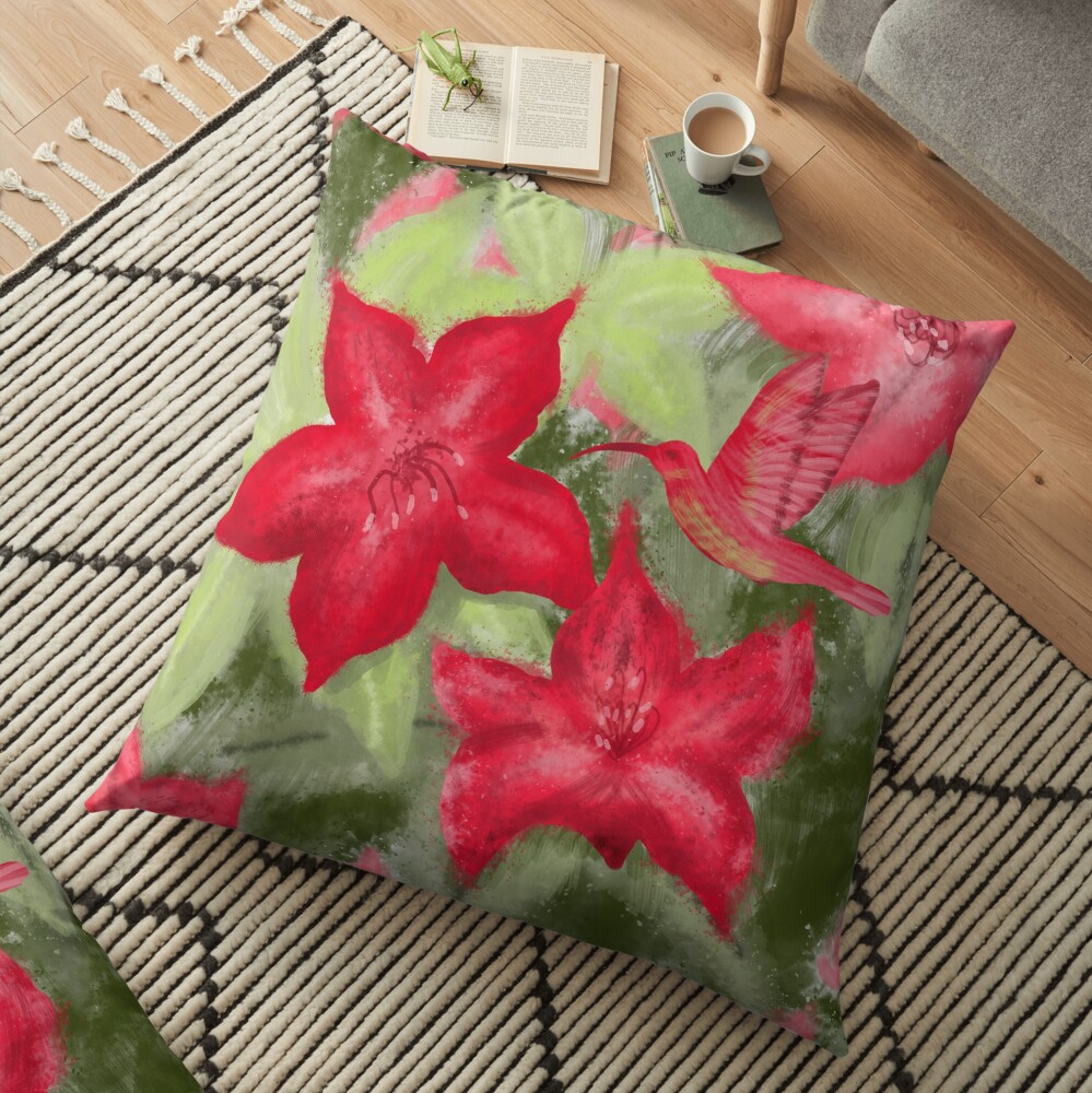 Red flowers and hummingbird print Floor Pillow