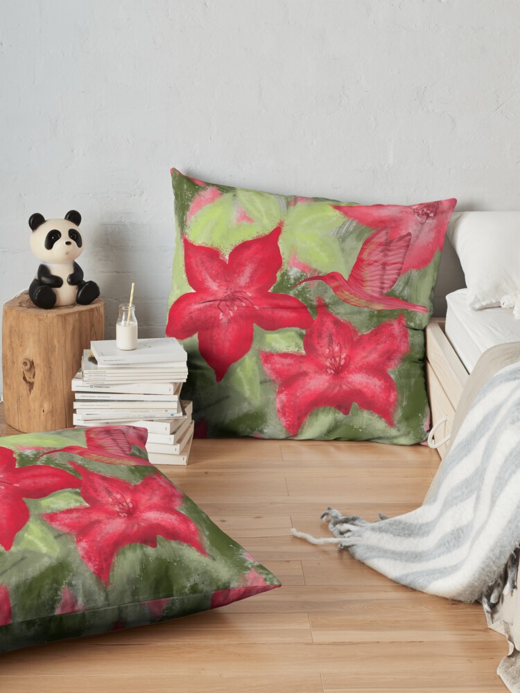 Alternate view of Red flowers and hummingbird print Floor Pillow