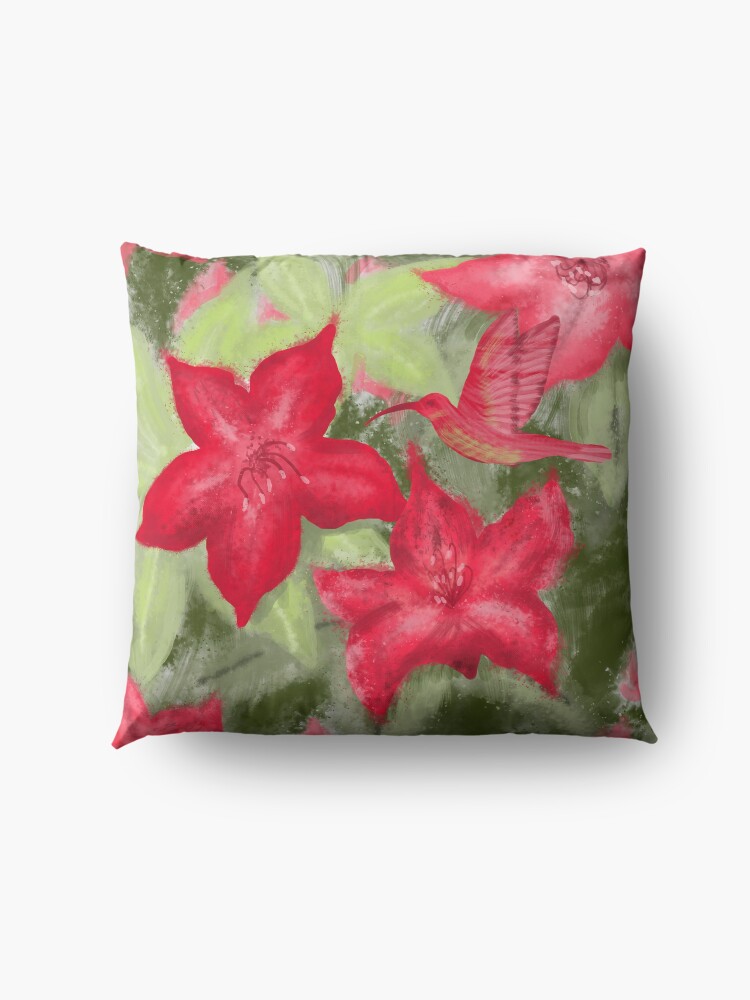 Alternate view of Red flowers and hummingbird print Floor Pillow