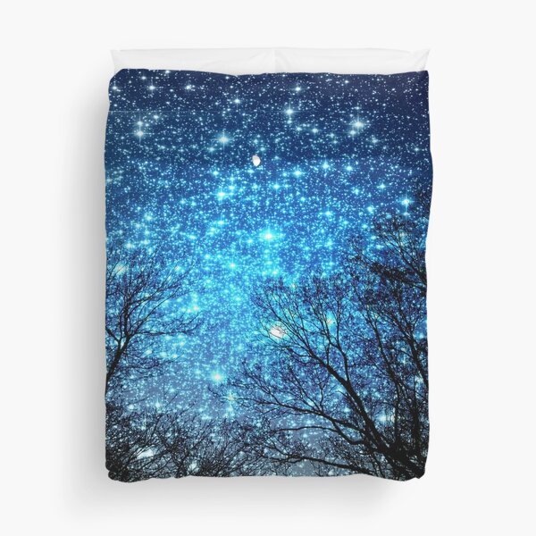 Black Trees Sparkle Blue Space Duvet Cover