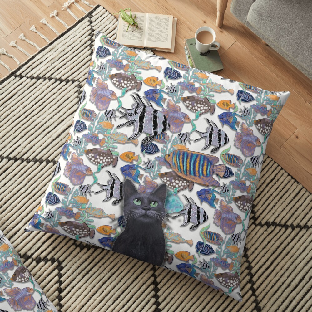 Black cat watching a fish tank Floor Pillow