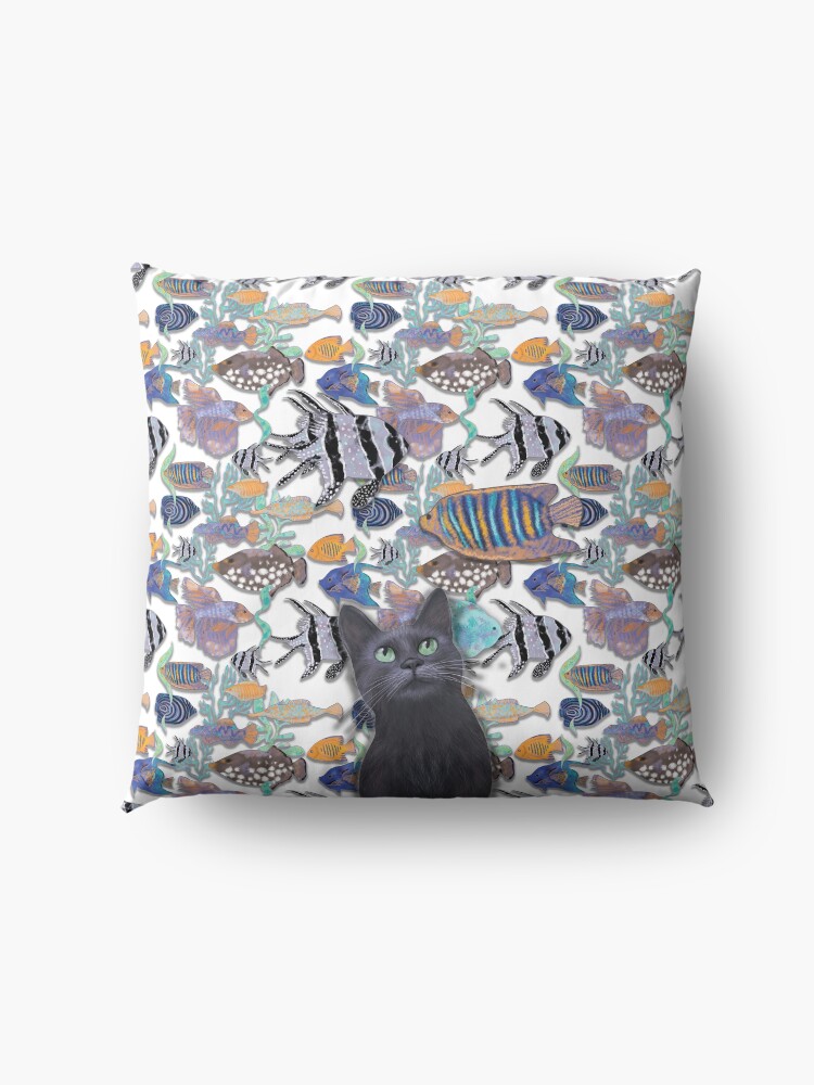 Alternate view of Black cat watching a fish tank Floor Pillow