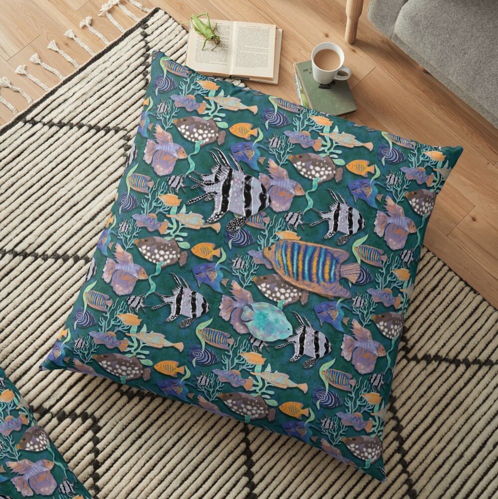 Aqua green fish tank pattern Floor Pillow