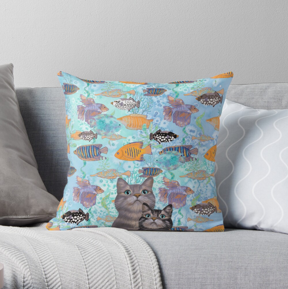 Two tabby cats and a fish tank Throw Pillow