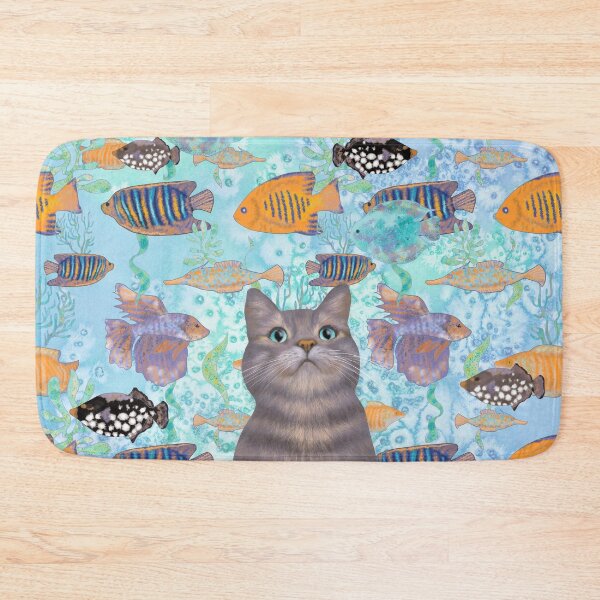 Item preview, The fish thief - cute cat aqua pattern designed and sold by Andreea Dumez.