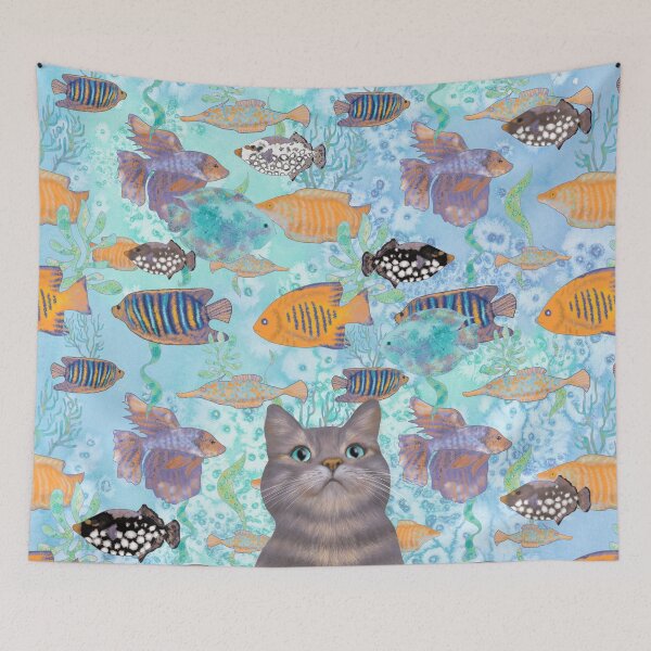 Item preview, The fish thief - cute cat aqua pattern designed and sold by Andreea Dumez.