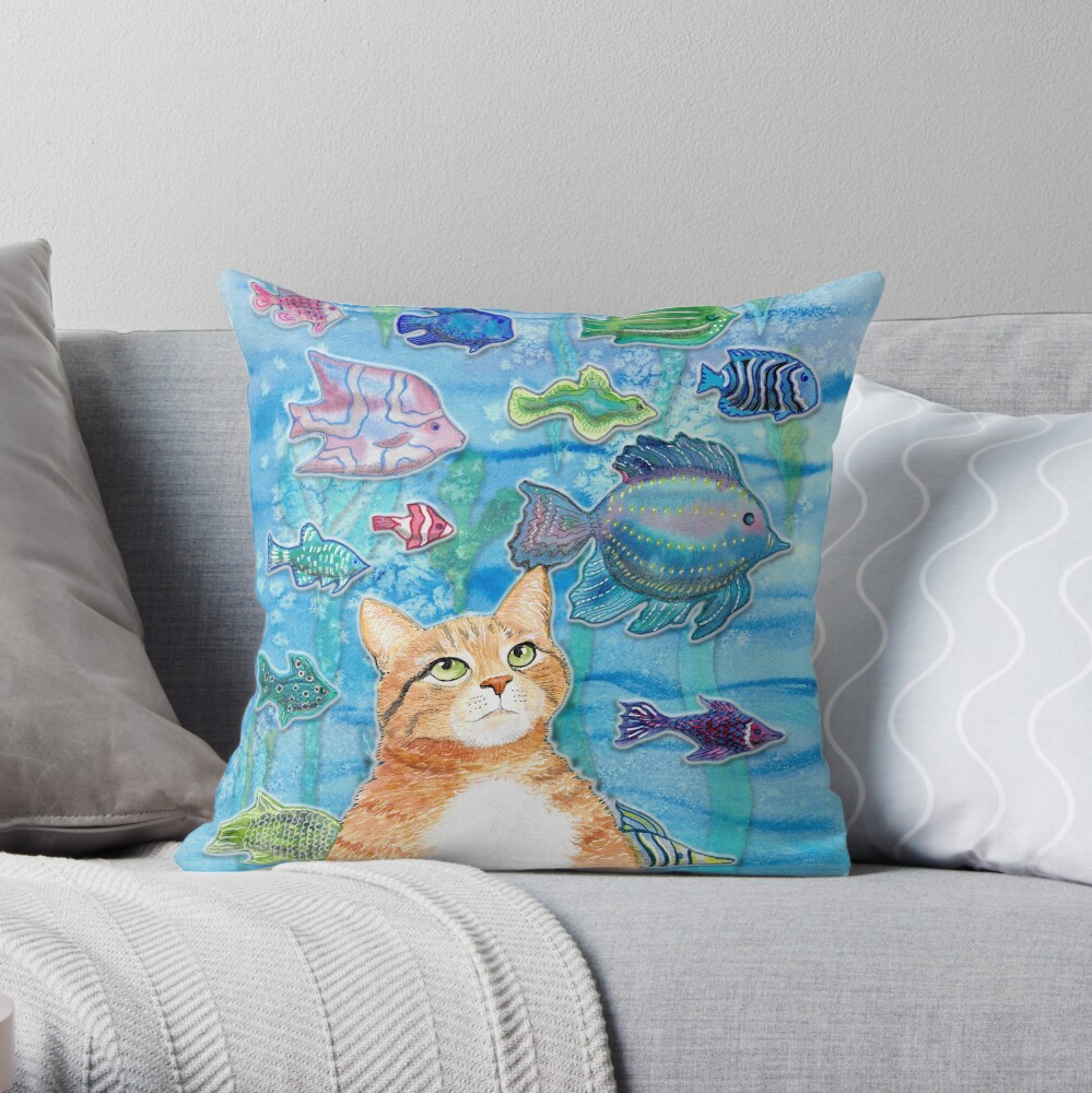 Aqua Cat Throw Pillow