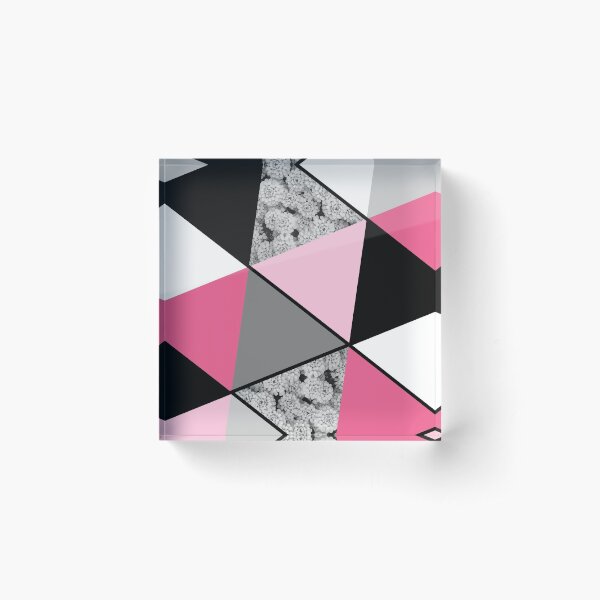 Triangles Black White Pink Grey and Flowers Acrylic Block