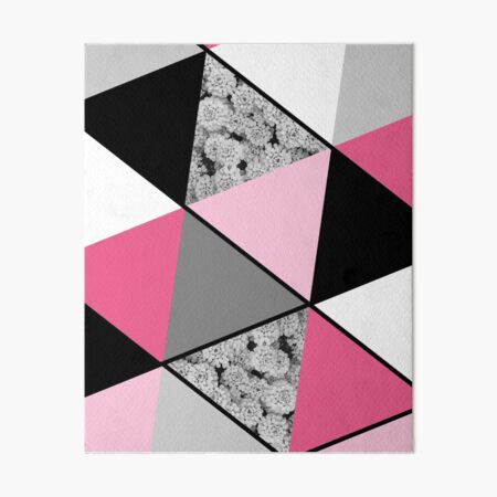Triangles Black White Pink Grey and Flowers Art Board Print