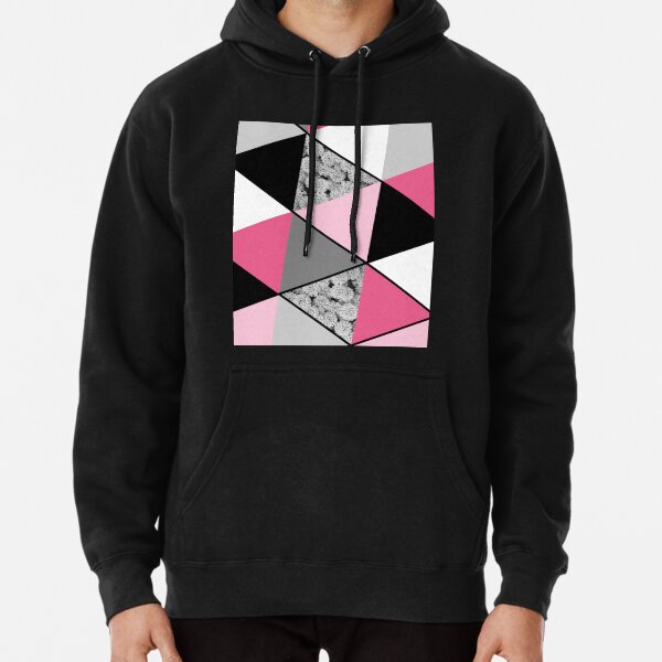 Triangles Black White Pink Grey and Flowers Pullover Hoodie