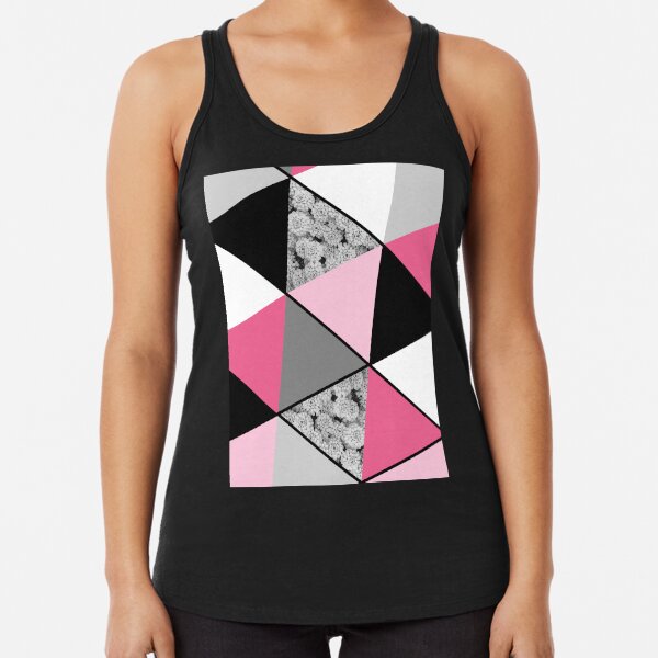 Triangles Black White Pink Grey and Flowers Racerback Tank Top