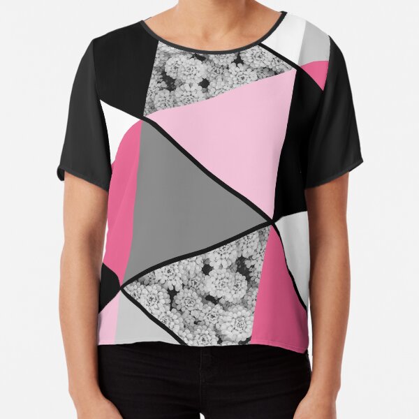 Triangles Black White Pink Grey and Flowers Chiffon Top