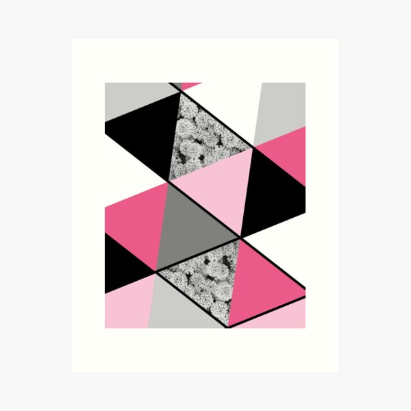 Triangles Black White Pink Grey and Flowers Art Print