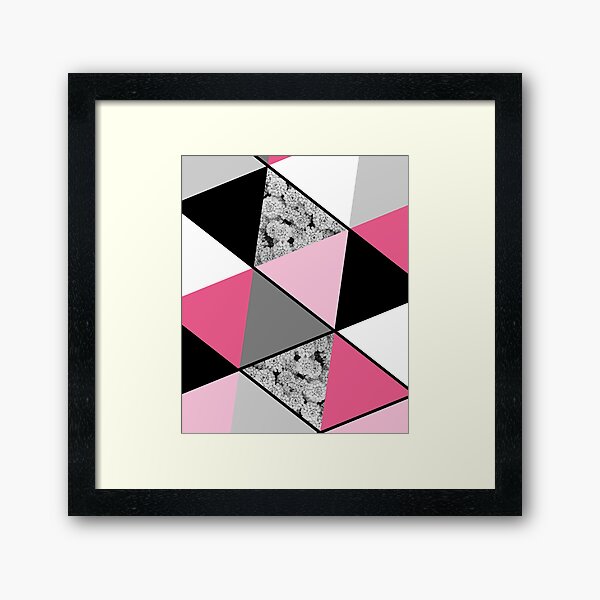 Triangles Black White Pink Grey and Flowers Framed Art Print