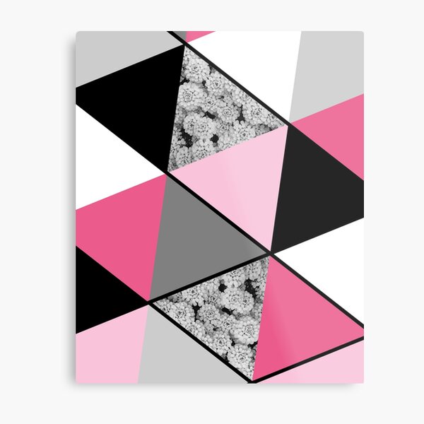 Triangles Black White Pink Grey and Flowers Metal Print
