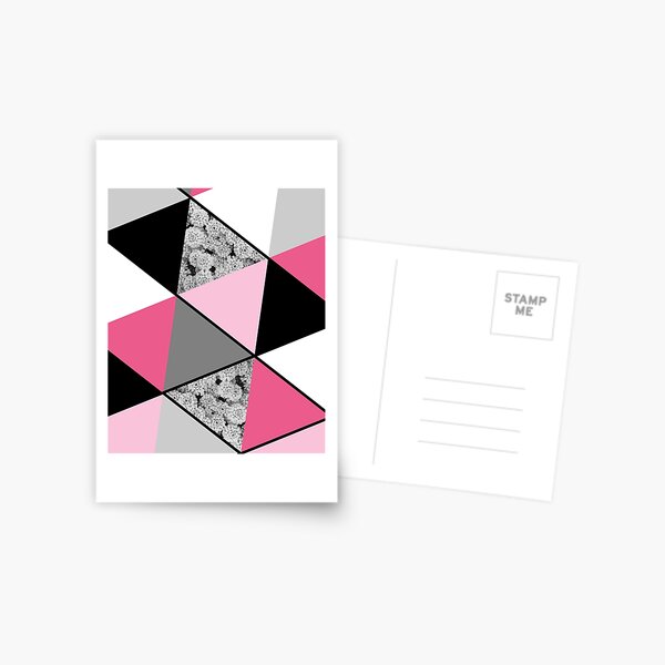 Triangles Black White Pink Grey and Flowers Postcard